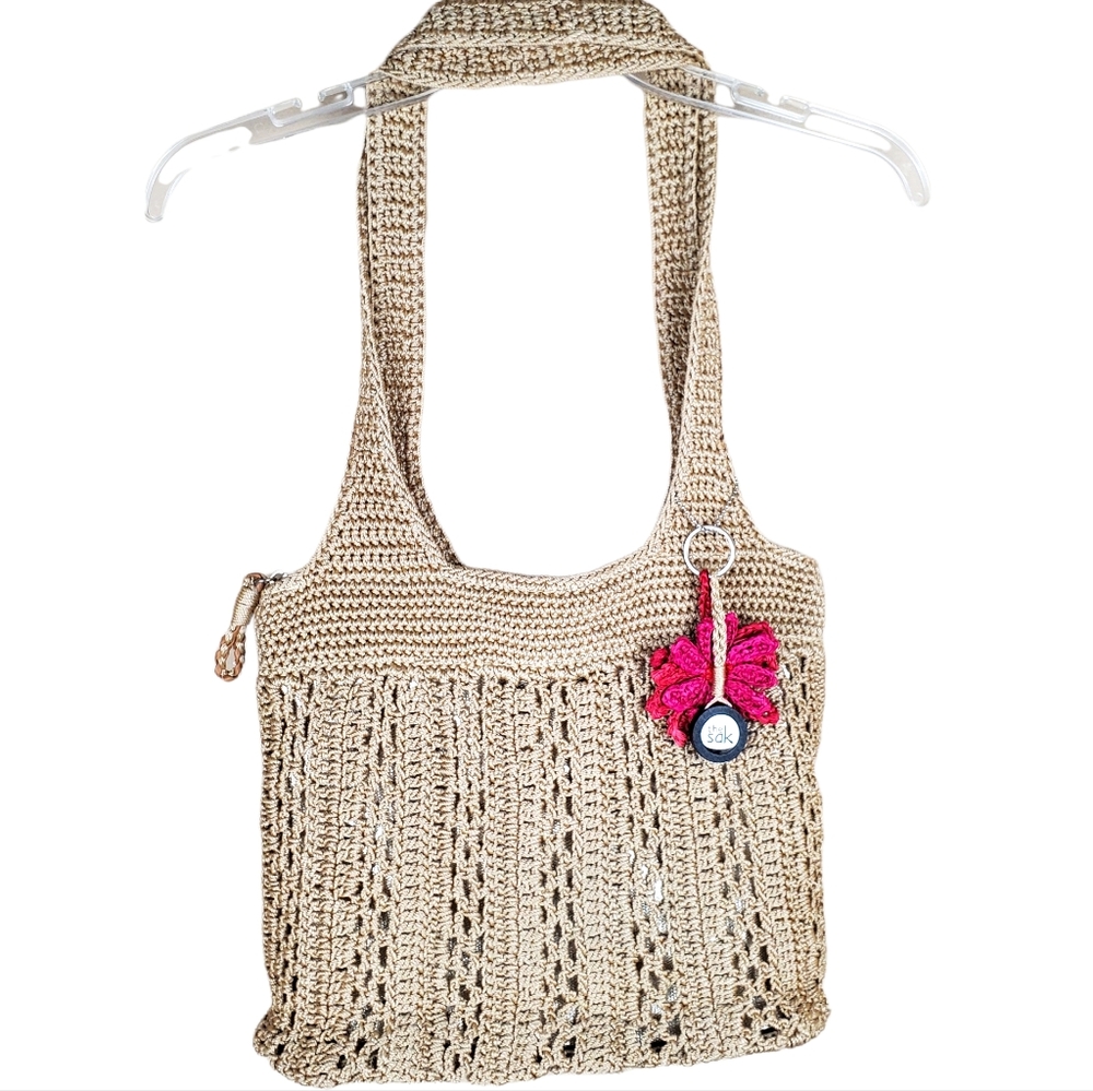 The Sak Crochet Casual Classics Large Tote Bag w/Pink Flower Charm